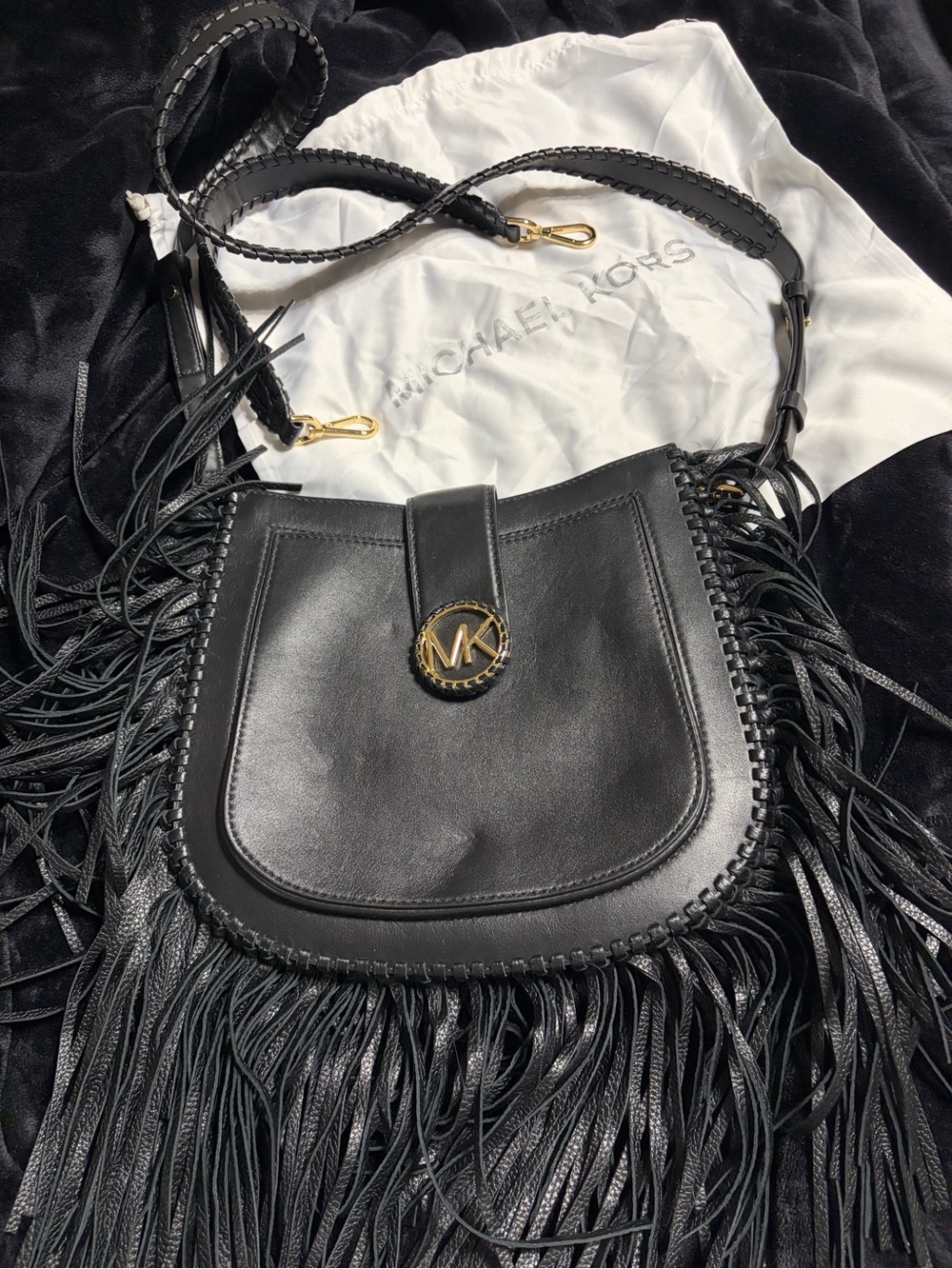 Michael Kors Black Leather Fringe Crossbody with Gold MK Medallion